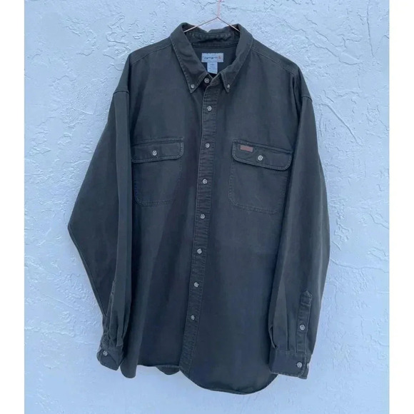 Carhartt Mens Long Sleeve Button Down Denim Shirt Jacket Military Green Sz 2XL - Picture 1 of 10